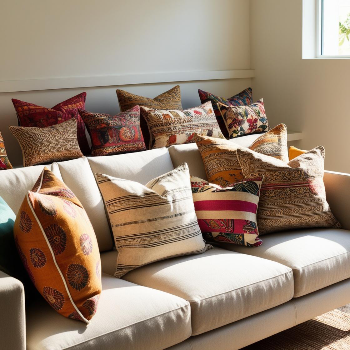 A stylish living room scene featuring a modern sofa styled with a perfectly curated set of five 24x24 inch cushion covers.