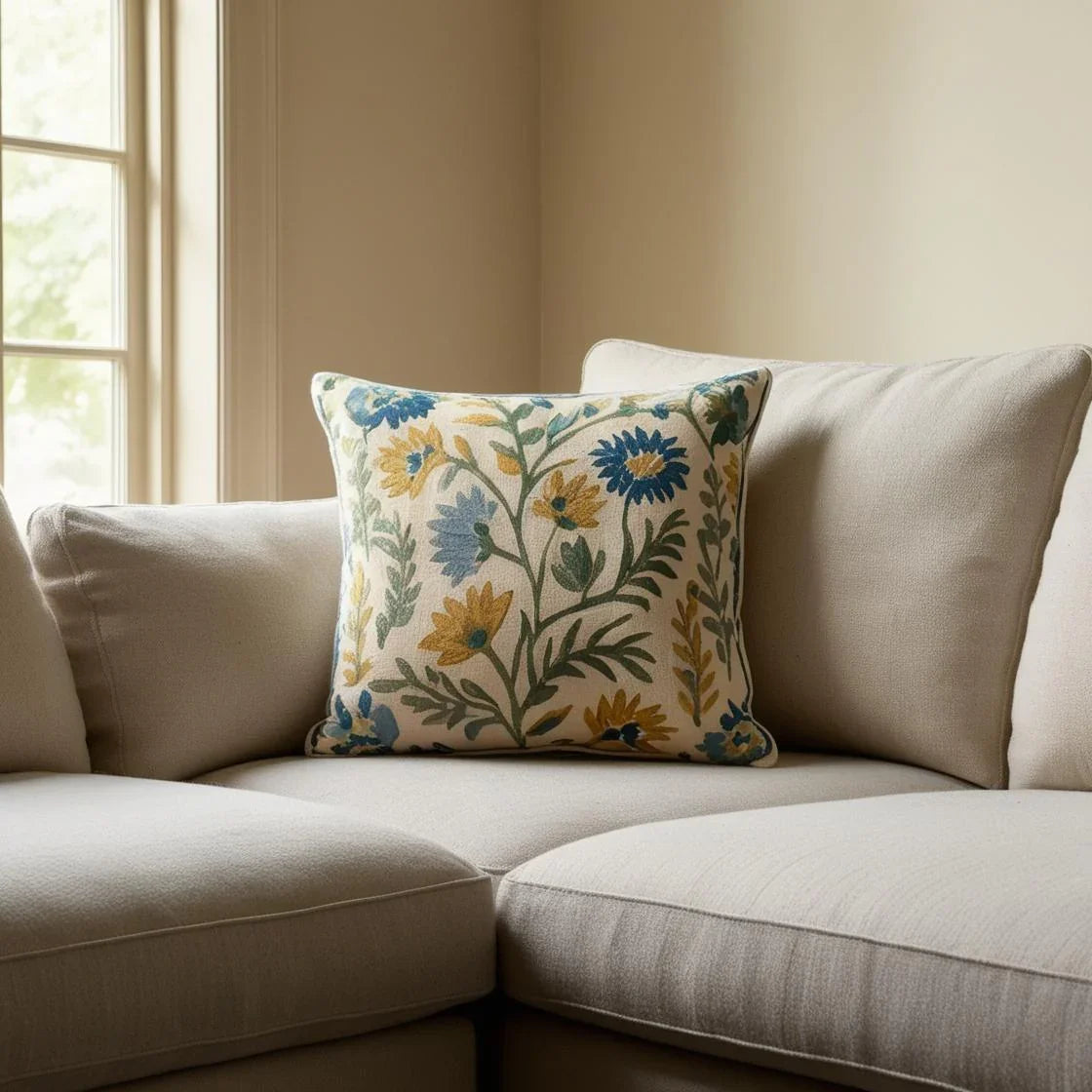 A cozy, neutral-toned living room that looks plain and lifeless. In the center, a vibrant floral accent pillow is placed on a sofa, instantly transforming the room with color and warmth.
