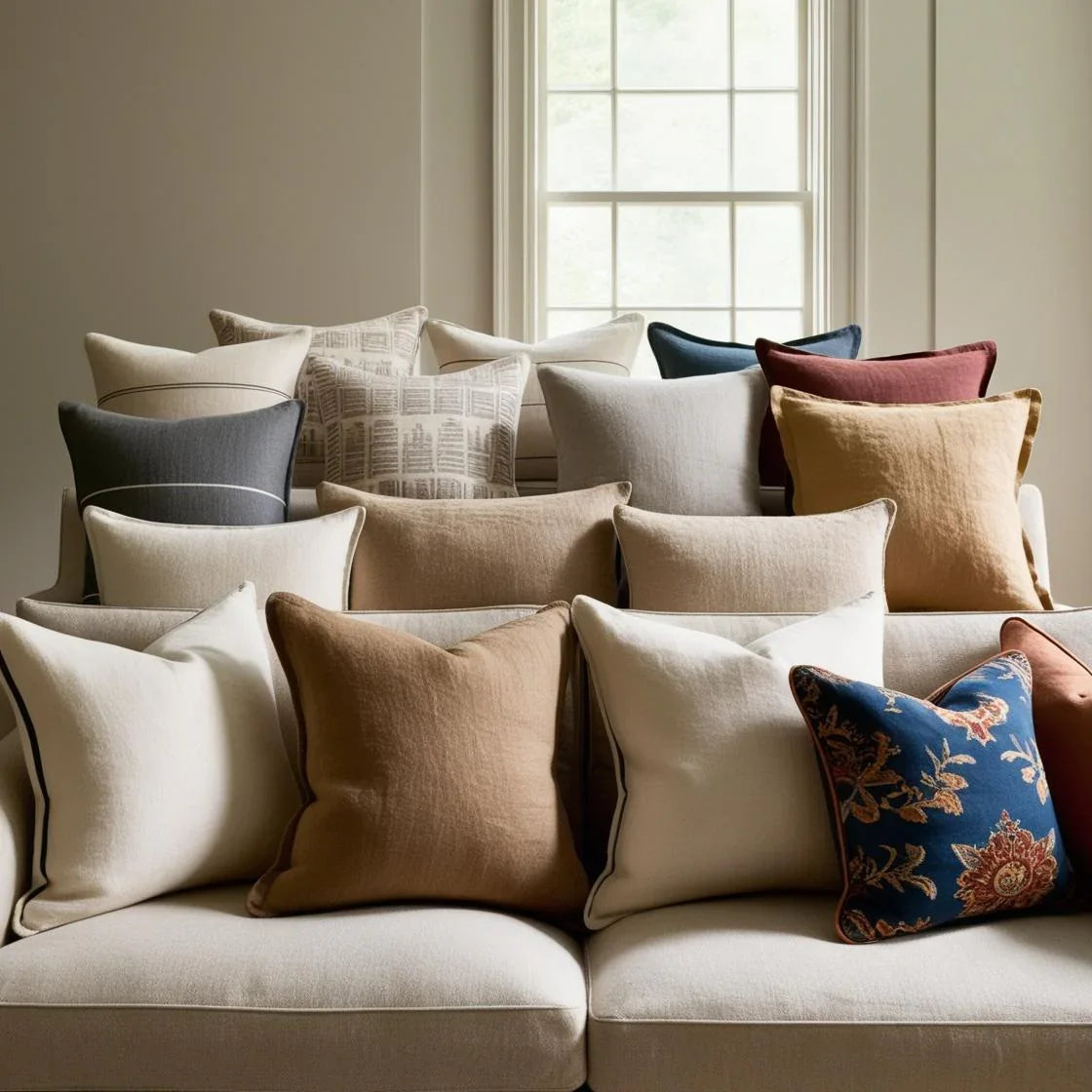 A cozy living room scene showcasing different sofa types with varying pillow sizes to illustrate proportion.
