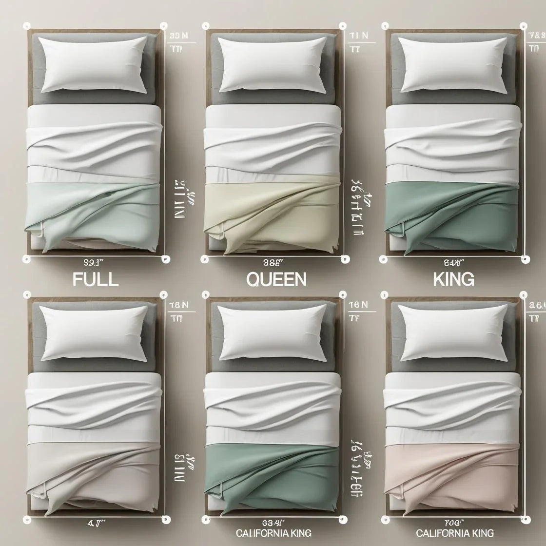 informative and visually appealing infographic-style image showing 5 different bed sizes with blankets laid over them.