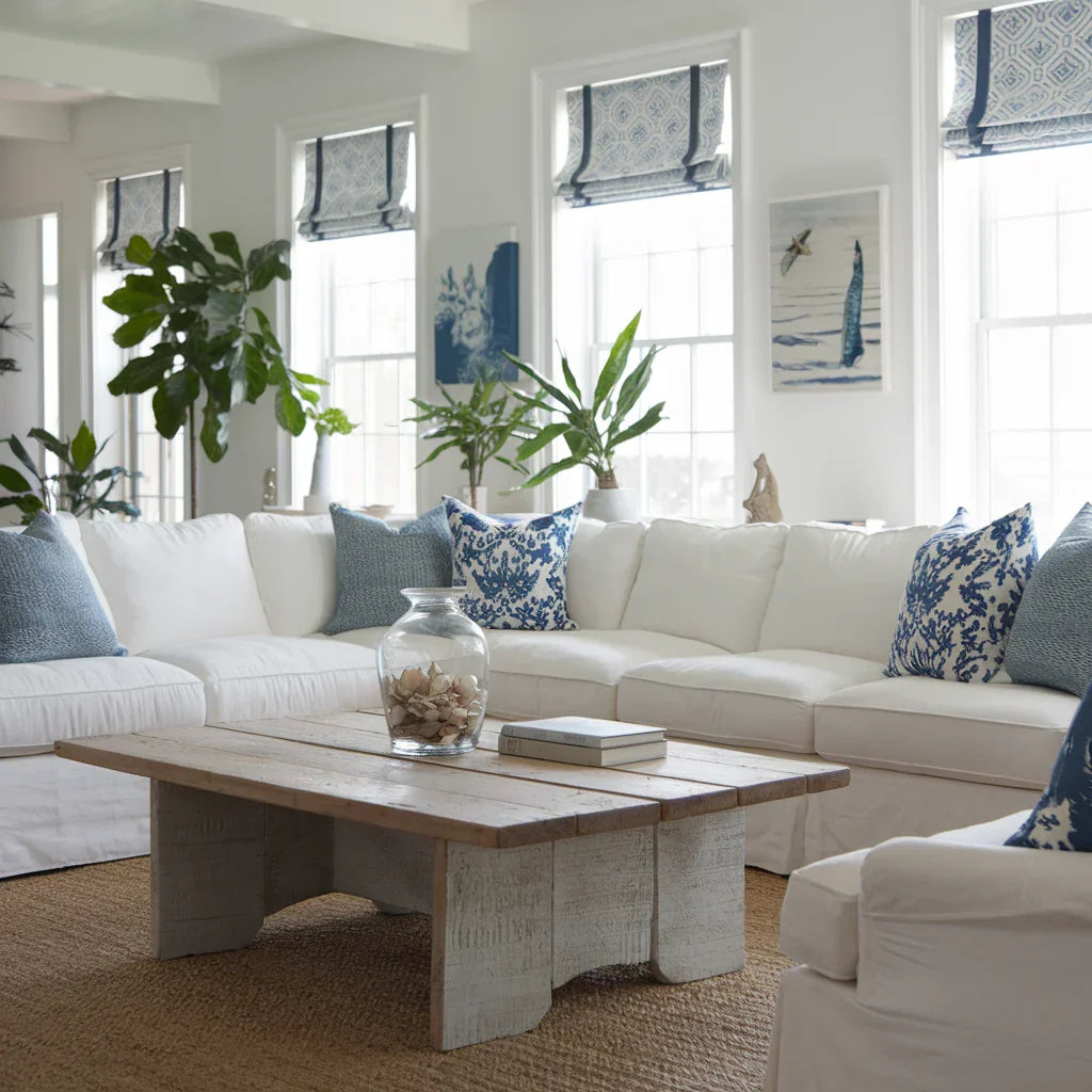 A serene coastal-inspired living room with a white sectional sofa adorned with blue and white patterned pillows. A rustic wooden coffee table sits in front of the sofa
