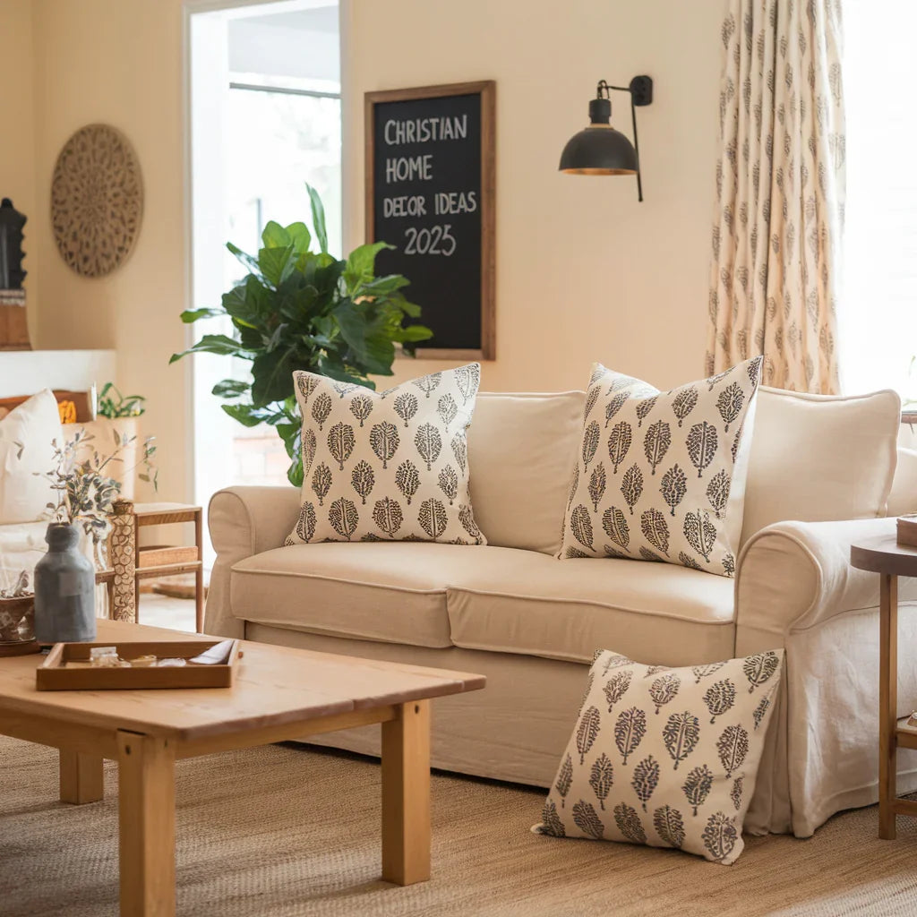 A photo of a warm and cozy living room with Indian block print linen and cotton pillow covers. There are two large pillows and two smaller ones on a beige sofa. The room has a beige rug, a wooden coffee table, and a wall mounted lamp