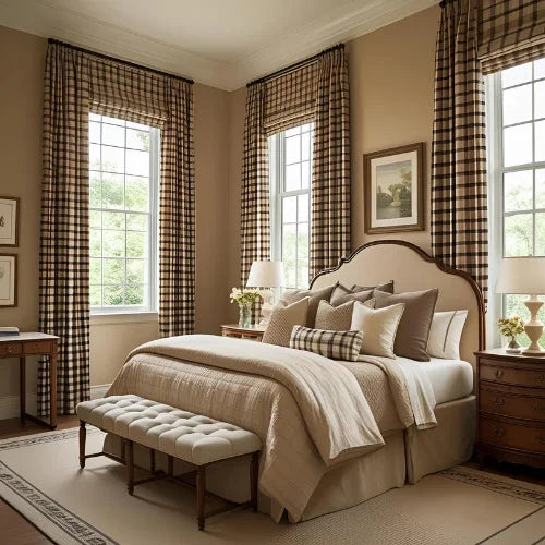 Elegant guest bedroom with beige walls, a large bed with layered neutral bedding and accent pillows.