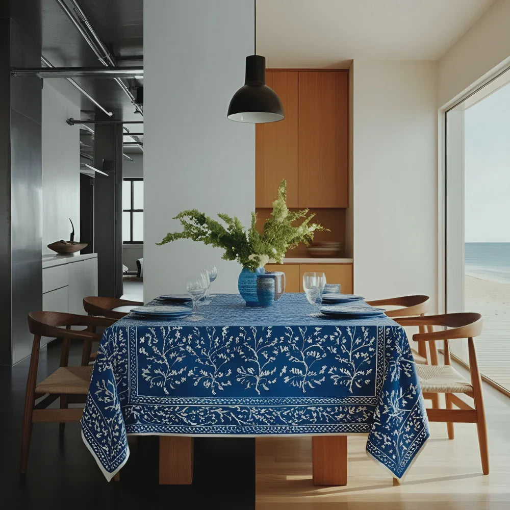 A visually striking table setting showcasing an elegant blue tablecloth as the focal point. The scene blends two contrasting interiors: one half a sleek, modern Manhattan loft with industrial finishes and minimal decor.