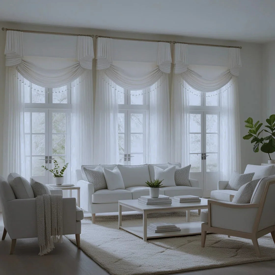 A cozy living room or apartment space with large windows featuring stylish modern window treatments.