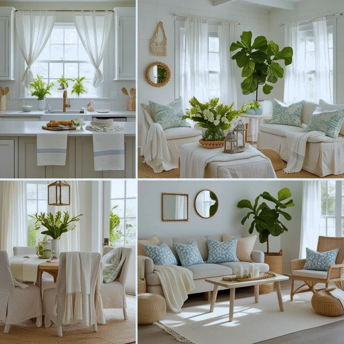 A cozy American home interior styled for spring-summer vibes. Include soft furnishings like patterned cushions, light breathable throws, and airy curtains.