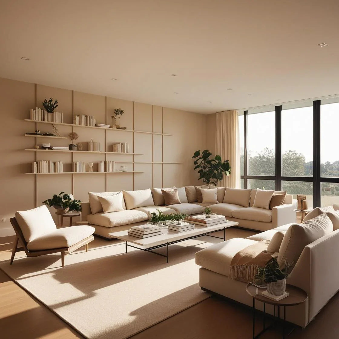 A cozy, modern living room with light-toned wallpaper featuring large-scale patterns, floating wooden shelves decorated with green plants, books, and textured lampshades from Fabdivine.