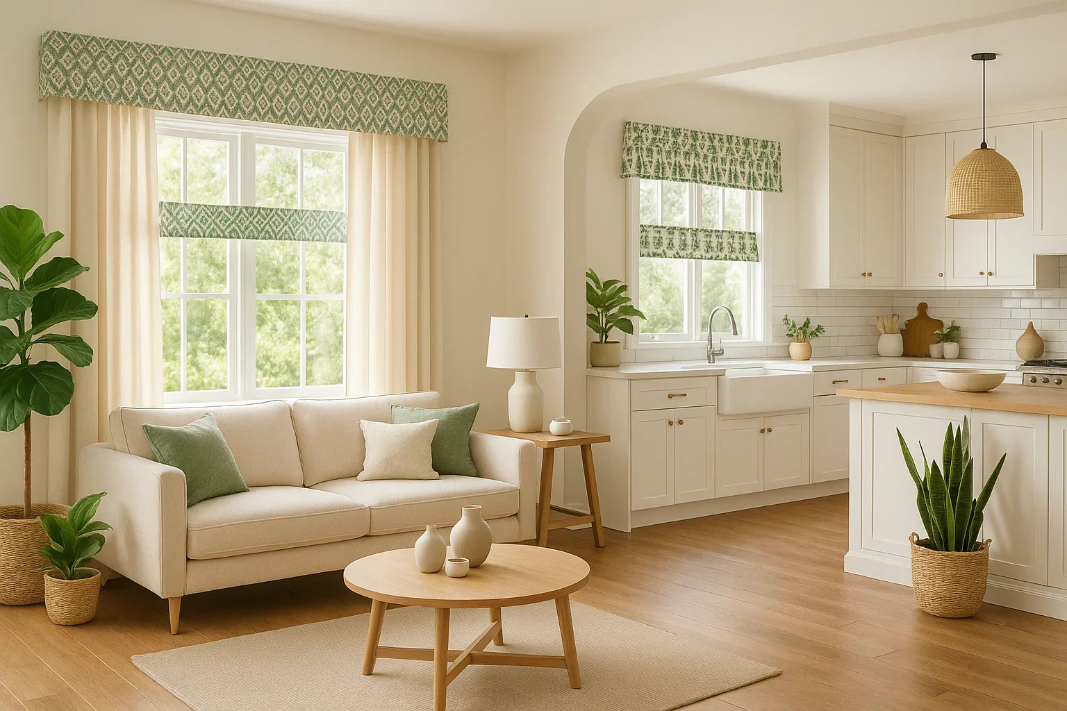 Elegant cream living room curtains with patterned valance framing a sunlit window, adding texture and color to modern home decor.