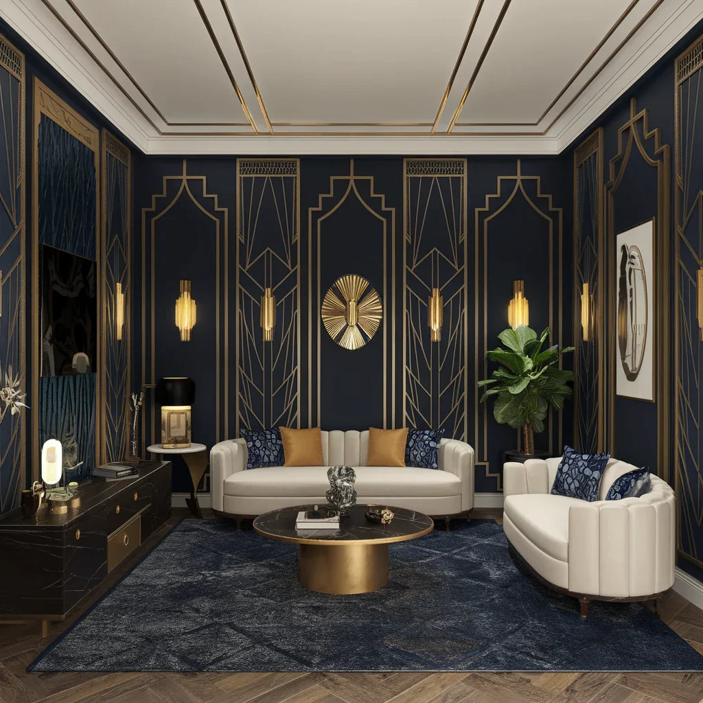 A thumbnail of a room with an Art Deco interior design style. The room has a dark blue background with gold and white accents. There are gold patterns on the wall, a white sofa, a gold coffee table, and a dark blue area rug