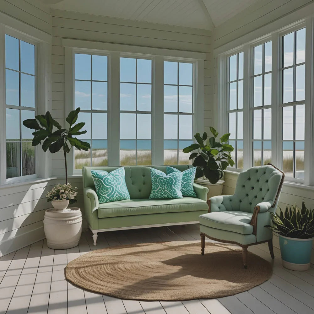 A sunlit beach-style sunroom interior with large white-trimmed windows, pale wood floors, and soft pastel decor.