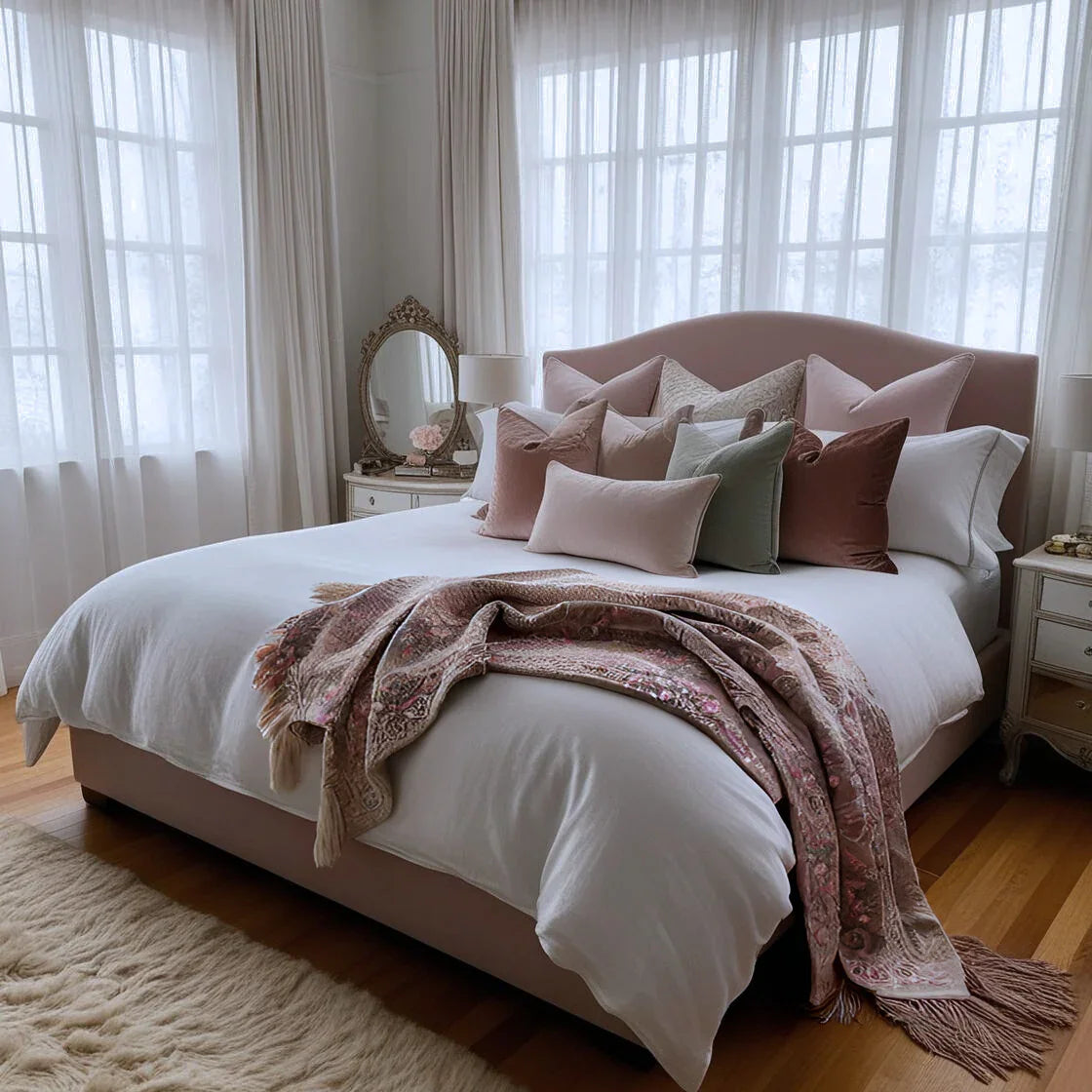 A cozy, elegant bedroom with soft natural lighting, bed pillows, linen pillows.