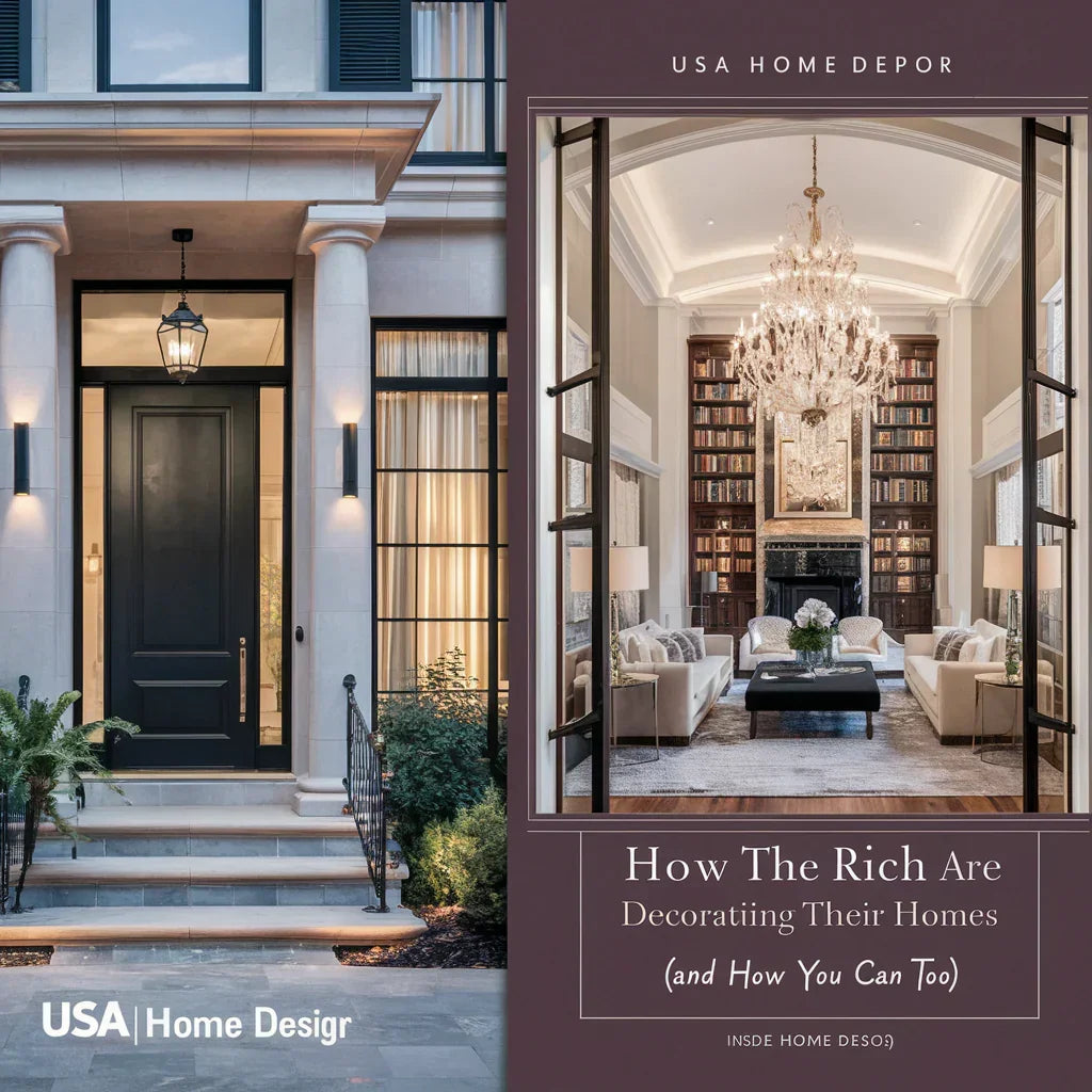 A stylish and eye-catching cover image for a book titled "How the Rich Are Decorating Their Homes (And How You Can Too!)". The cover features an attractive, modern home exterior with a luxurious interior design.