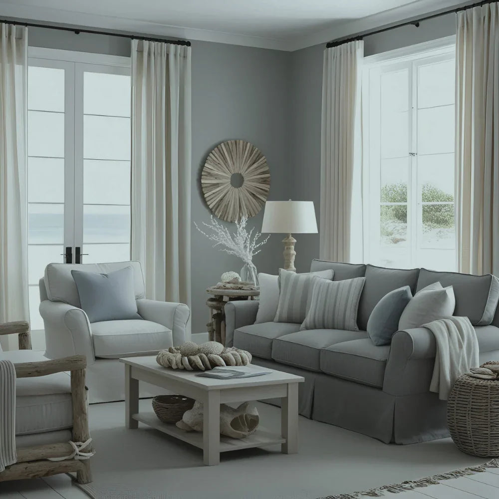 A serene and stylish coastal gray living room, reflecting a subtle revolution in American interiors.