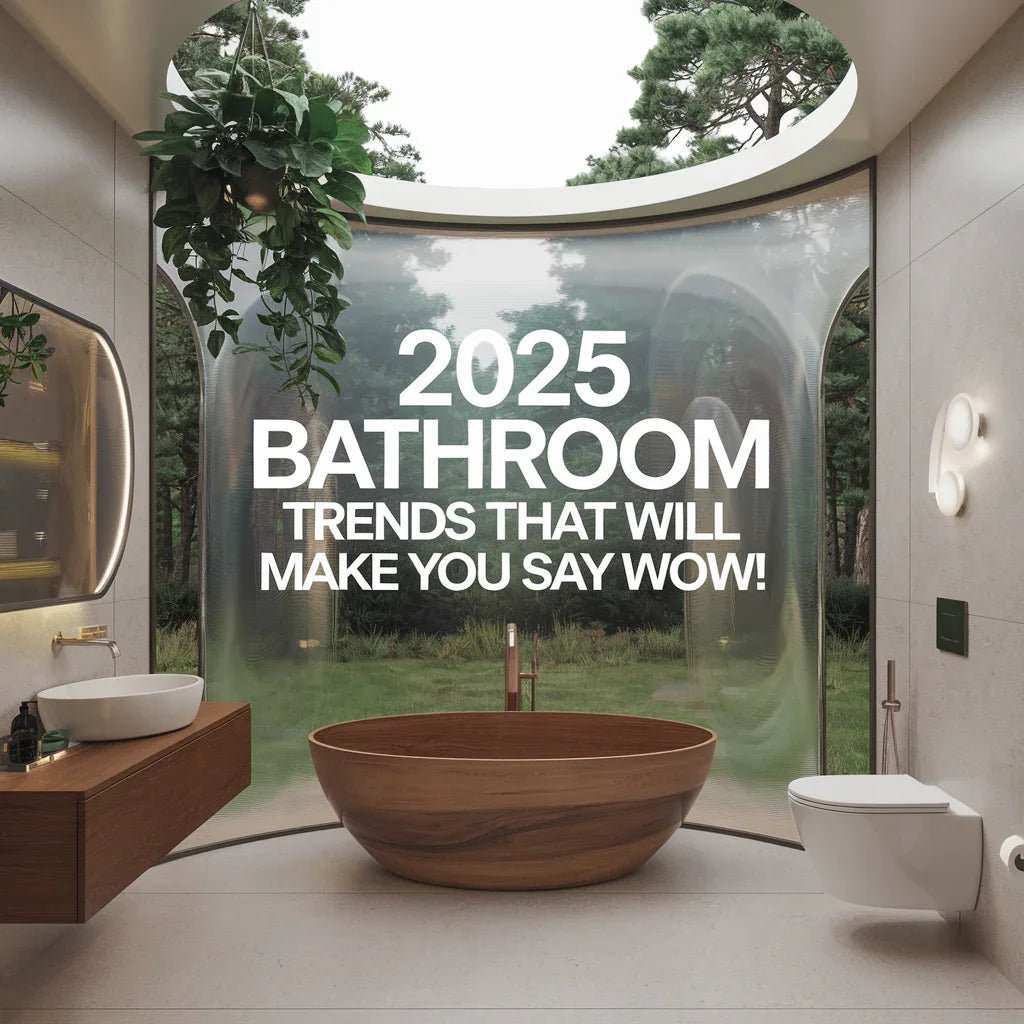 A cover image of a magazine spread on 2025 Bathroom Trends That Will Make You Say WOW!(home decor). The image is of a futuristic bathroom with a curved, transparent wall that offers a view of a lush green forest.