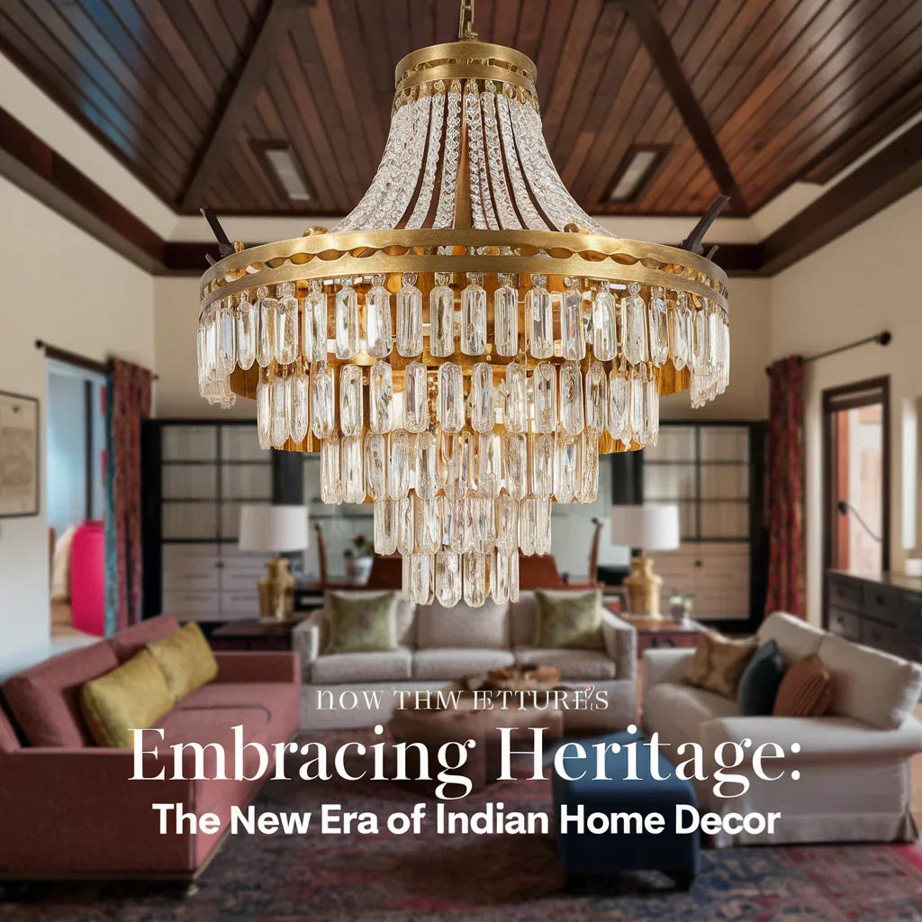 A captivating cover image showcasing a harmonious blend of traditional and modern Indian home decor. The focal point is an elegant chandelier made of brass and crystal, suspended from a wooden ceiling.