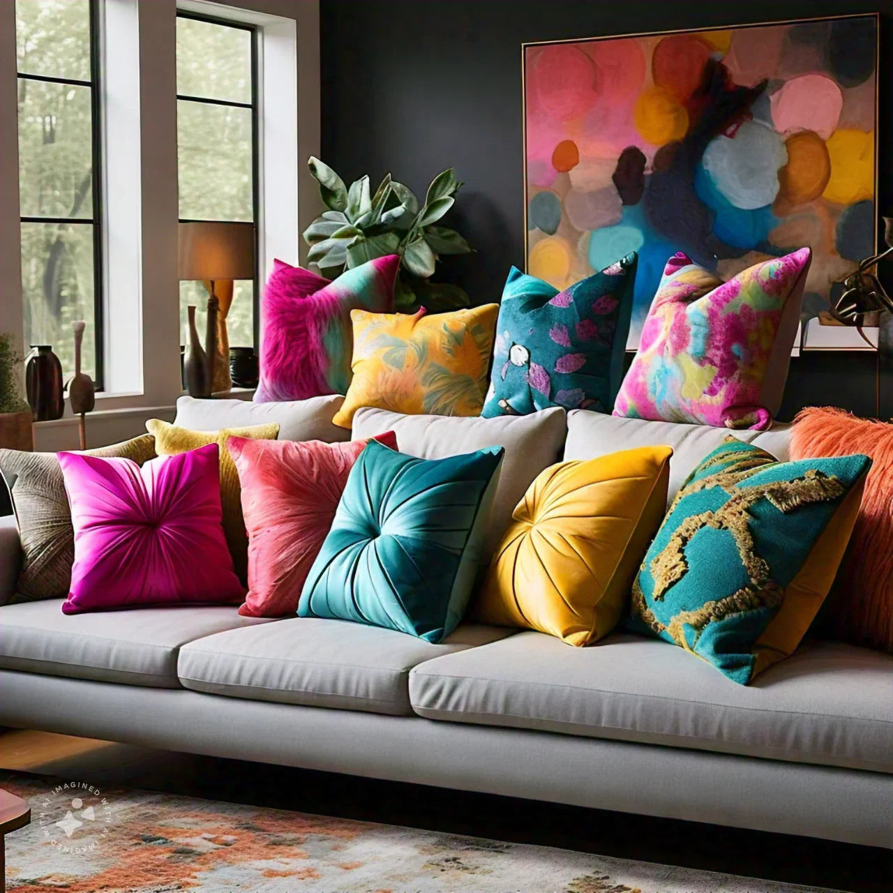 Charming artisan block print pillow adding warmth to a contemporary grey fabric sofa