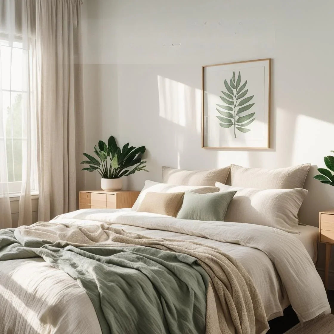 he room has a modern-rustic vibe, with natural wood furniture, a bedside plant, and warm sunlight filtering through linen curtains—evoking quality, comfort, and timeless craftsmanship.