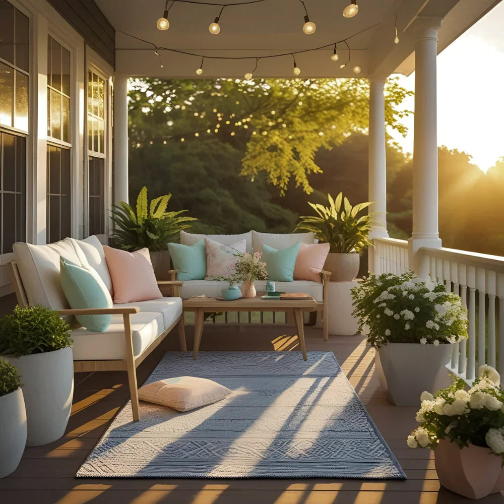 A beautifully styled front porch in early summer, bathed in soft golden sunlight. The setup features cozy yet fashionable furniture with cushions in refreshing pastel tones.