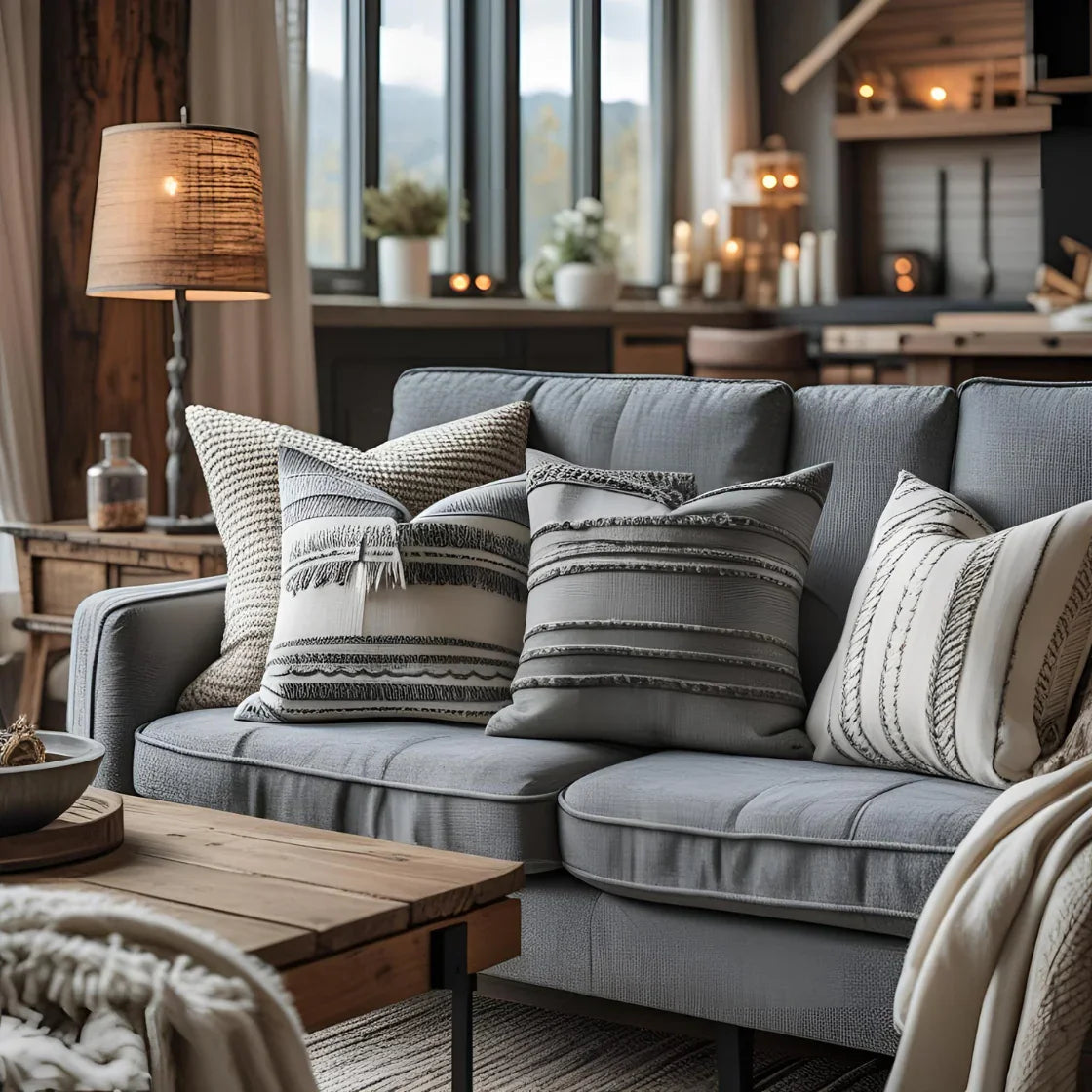 Cozy modern living rooms featuring stylish gray pillow covers blending farmhouse, boho, and minimalist decor styles.