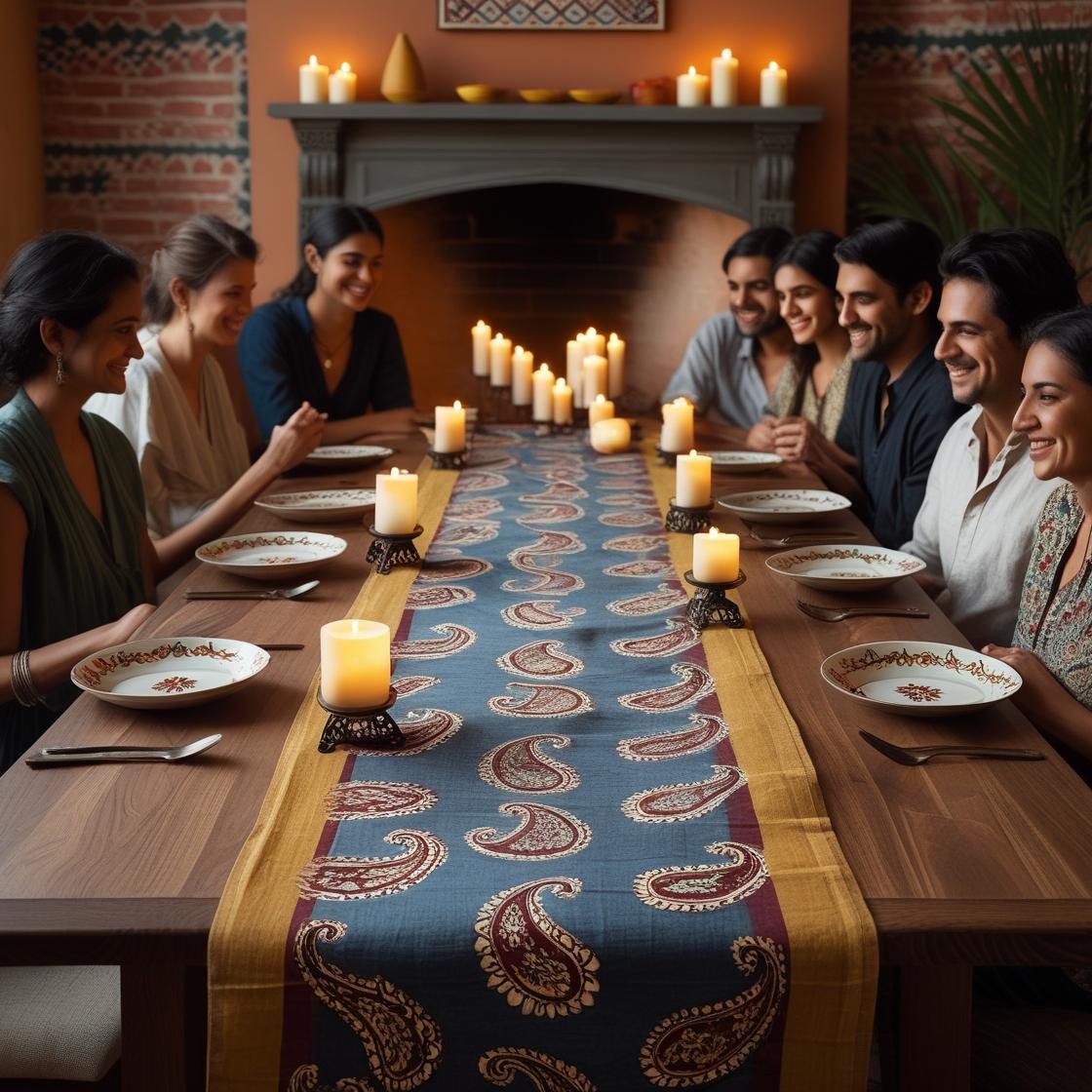 dining table adorned with a beautifully hand block-printed table runner in soft earthy tones.