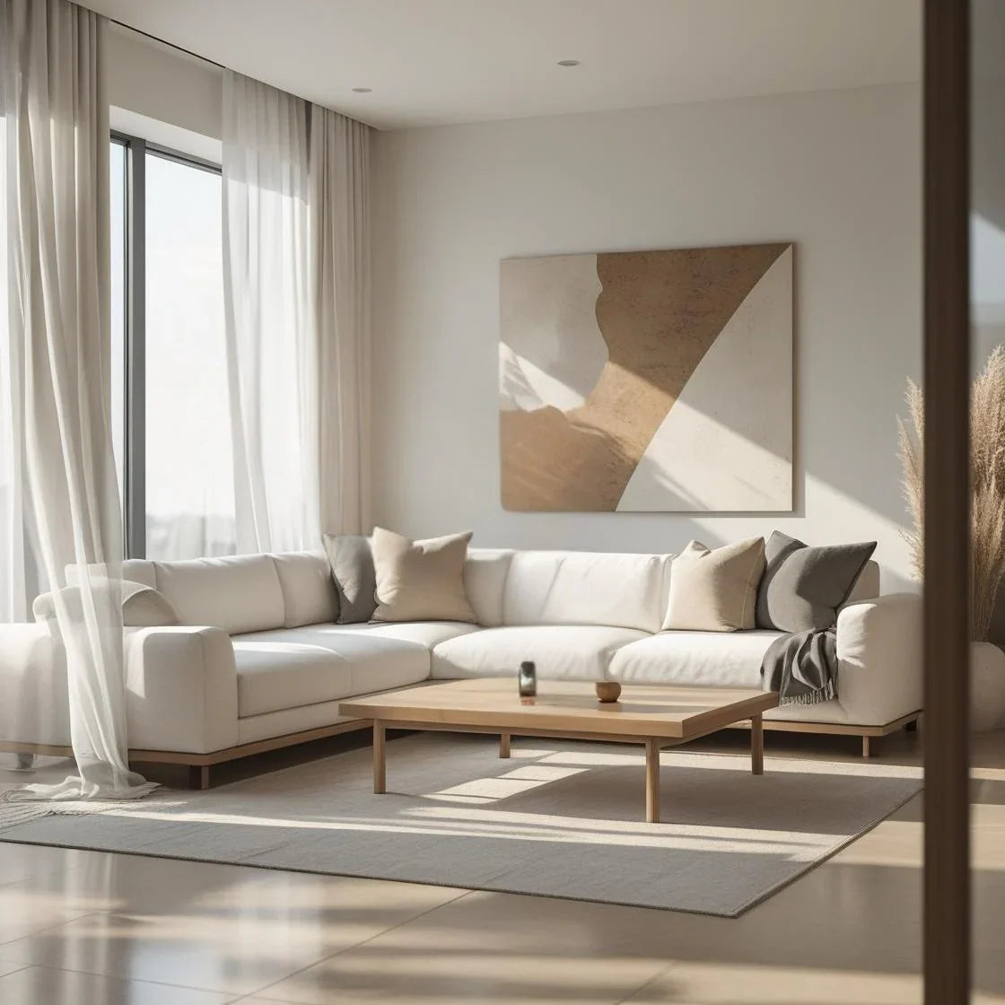 Elegant, sunlit American living room with a neutral-toned palette — featuring a white linen sectional sofa.