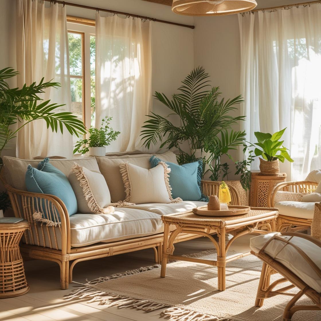 A cozy summer living room decorated with dusty blue pillow covers on a beige linen sofa, paired with boho fringe pillows, rattan furniture, light wooden floors, indoor plants.
