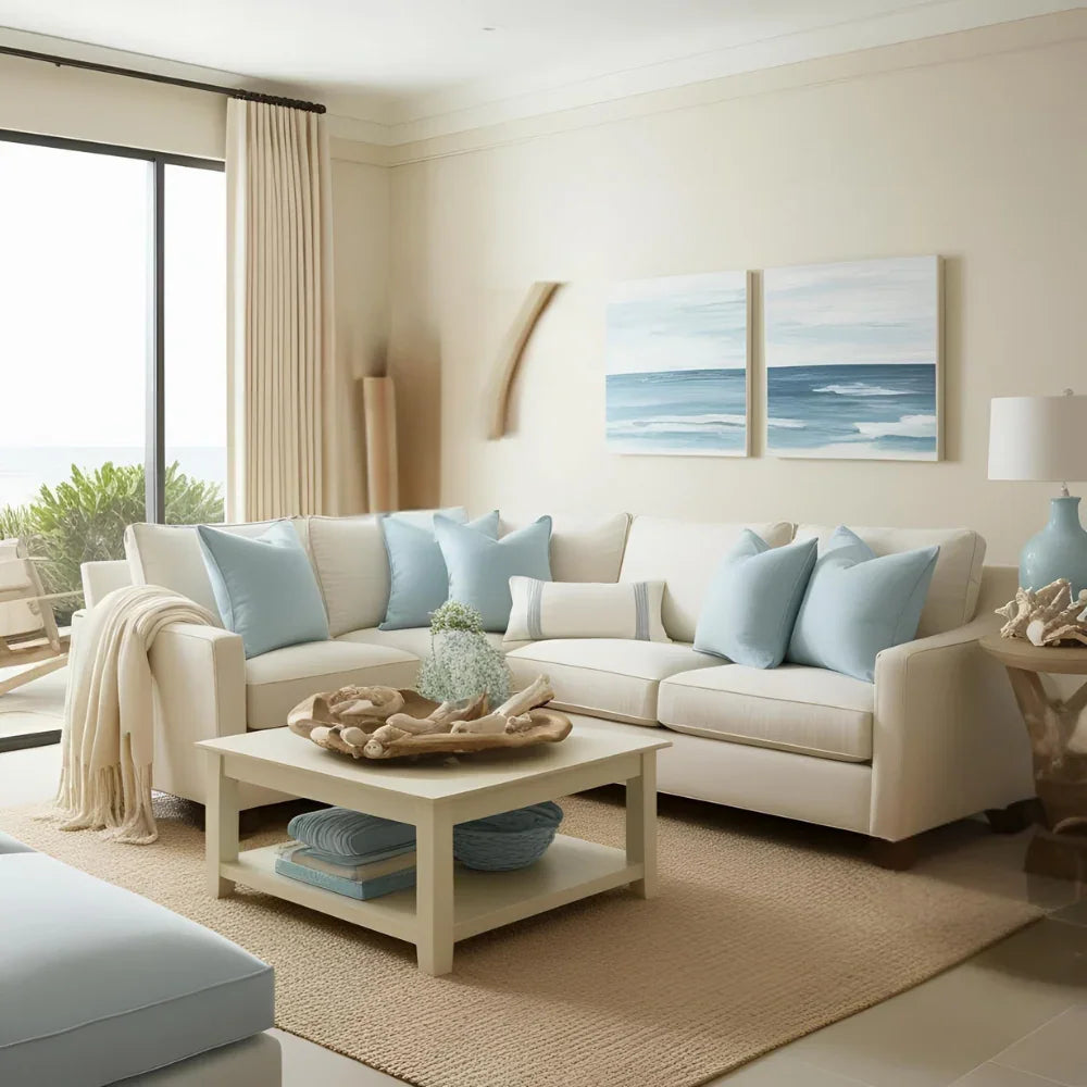 Design a modern coastal living room that feels like a serene seaside retreat.