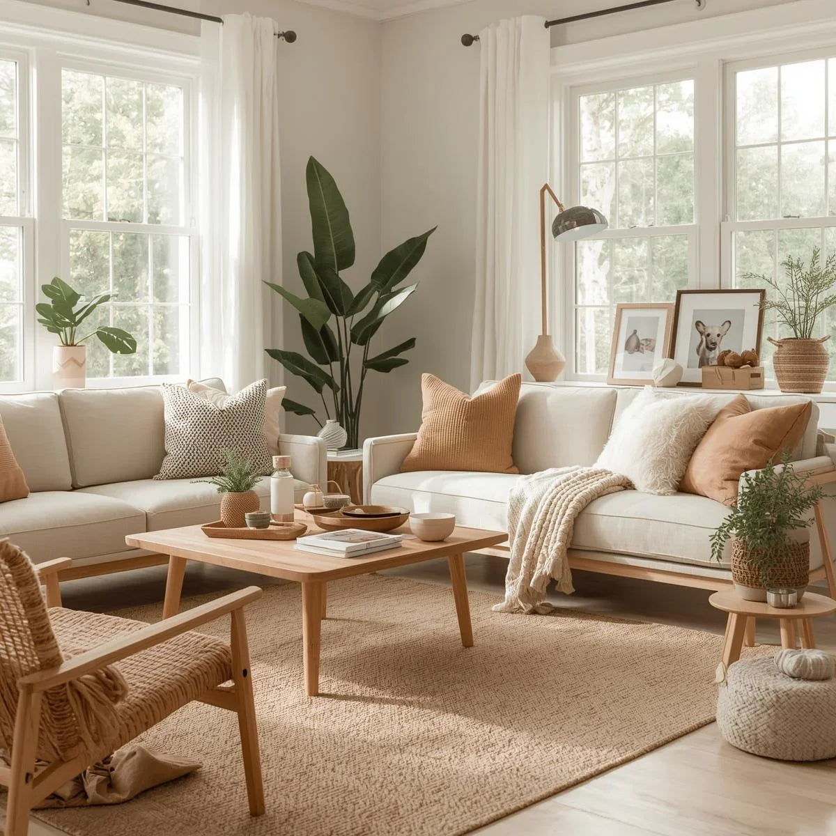 Cozy modern living room decorated with eco-friendly wholesale home décor, featuring natural wood furniture, woven rugs, indoor plants, and warm neutral tones.