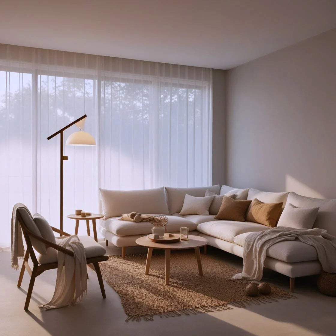 A cozy, stylish living room with three distinct floor lamps placed thoughtfully in the space. One lamp has a soft linen shade emitting a subtle, ambient glow.