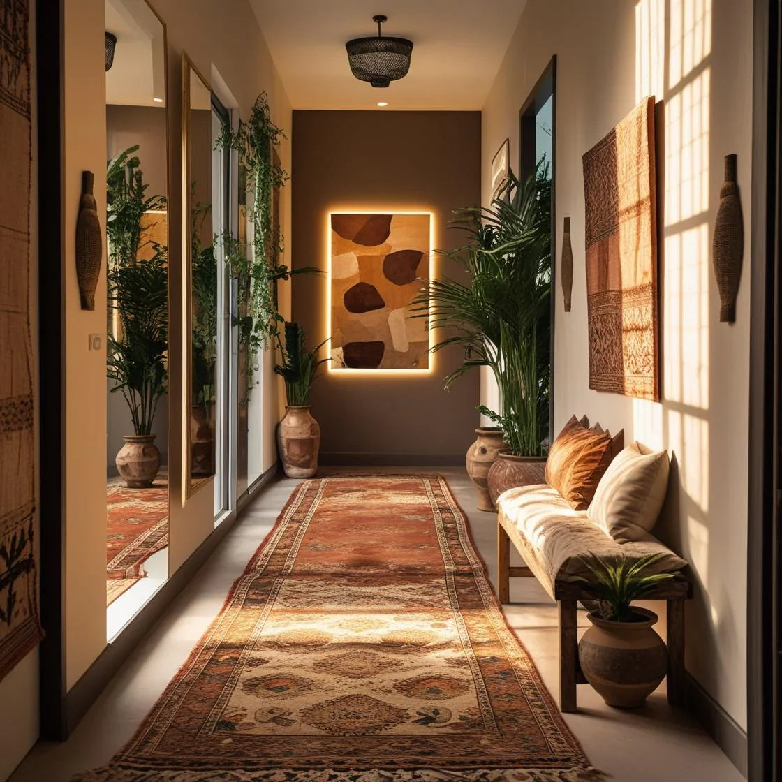 A beautifully styled narrow hallway in a modern home, transformed with elegant decor.