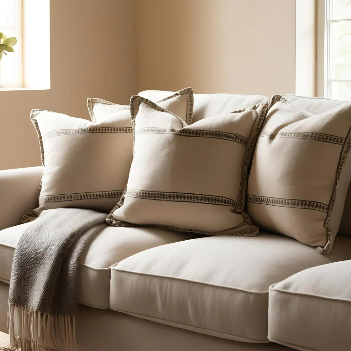 Traditional block printed throw blanket neatly laid over a modern couch.
