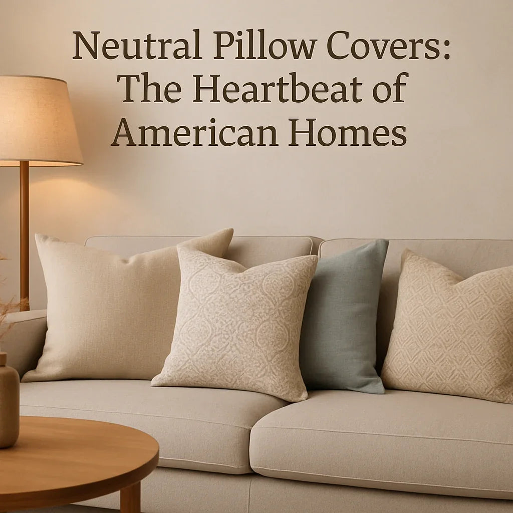 A neutral-toned sofa (in beige or soft gray) is adorned with a mix of linen and cotton pillow covers in shades of ivory, cream, taupe, and light gray.