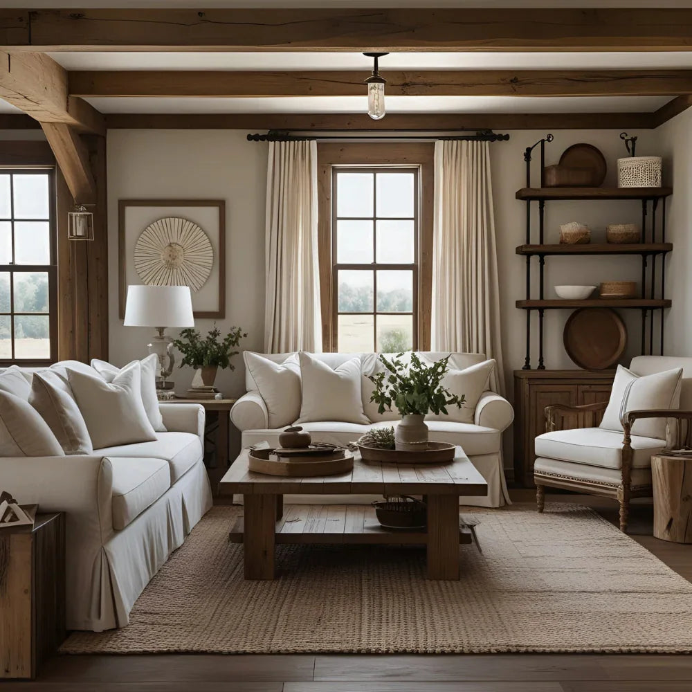 A beautifully styled rustic-chic living room inspired by Joanna Gaines, blending simplicity with stunning warmth.