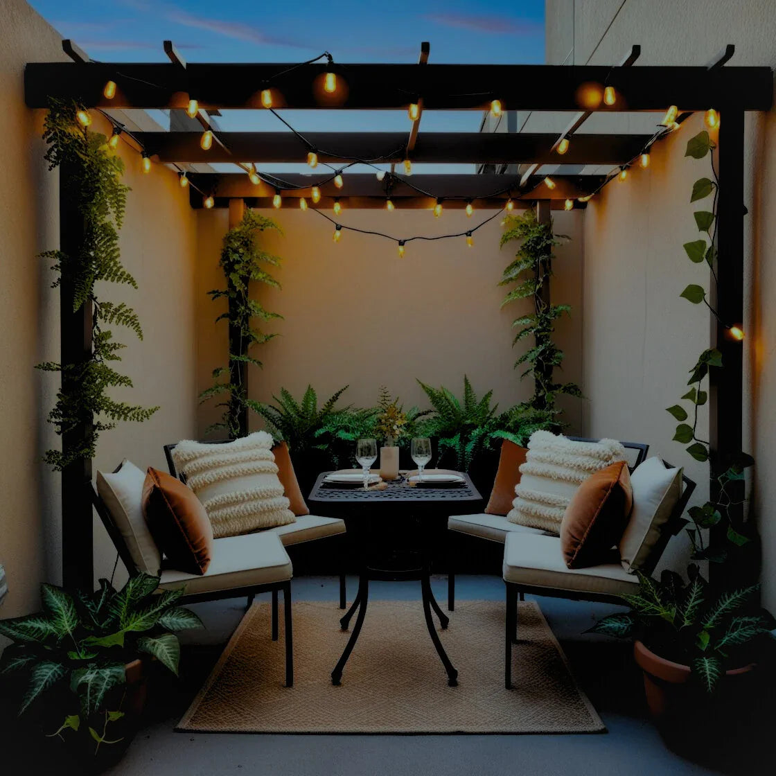 A small apartment patio transformed into a cozy and stylish outdoor retreat.