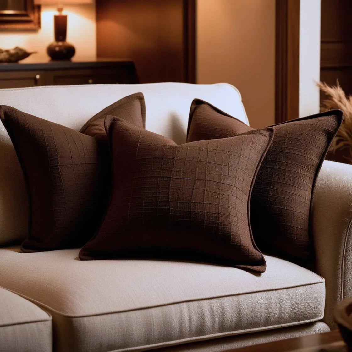 A cozy, upscale living room with dark brown block-printed throw pillows on a beige linen sofa.