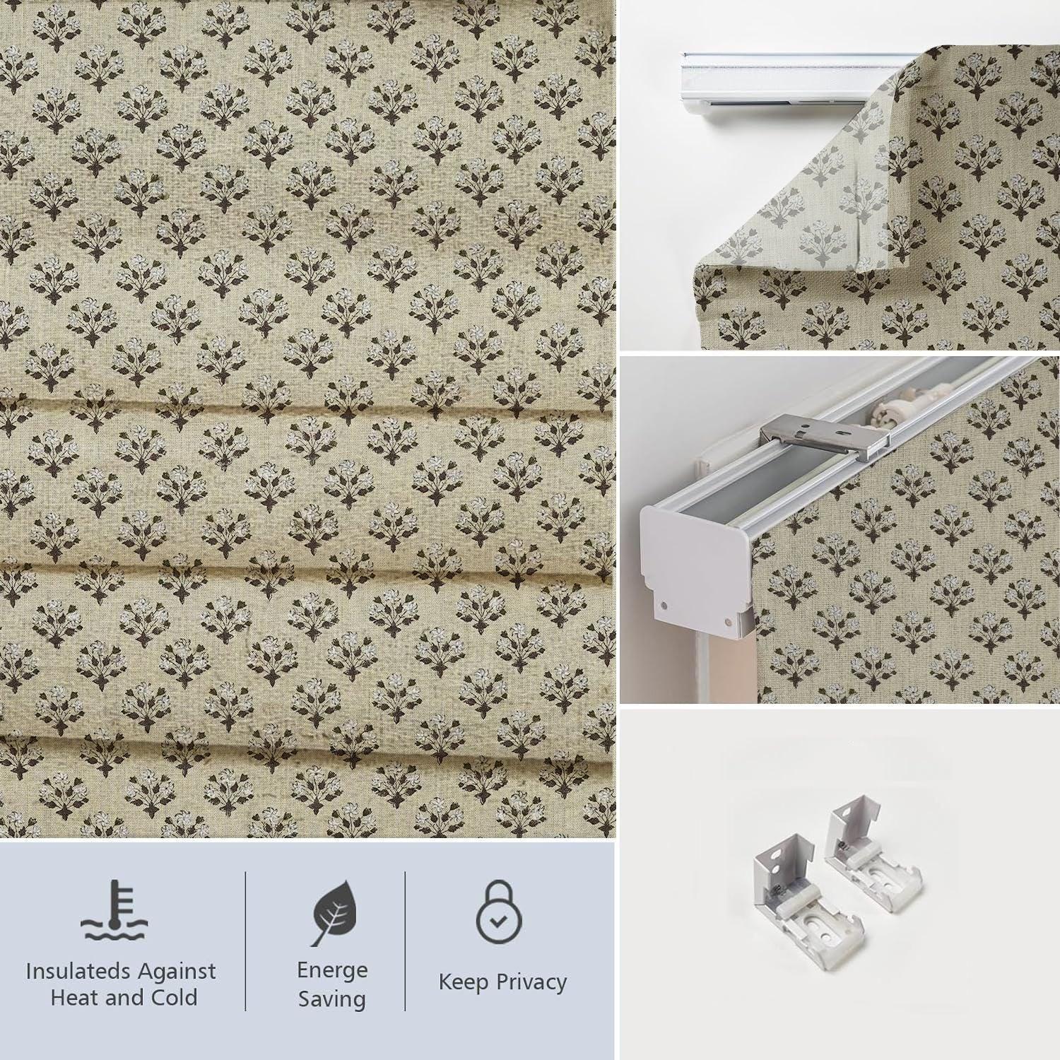 Indian Block Printed Boho Floral Roman Shade in Brown & Gray Pure Linen Window Covering - Diwali Flower