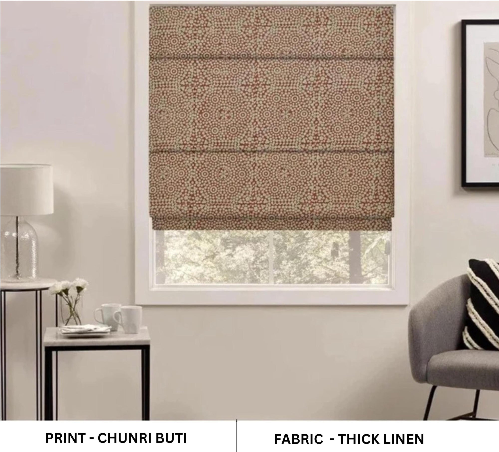 Hand Stamped Boho Red Floral Roman Shade in Thick Linen For Living Room Window Blind - Chunri Buti