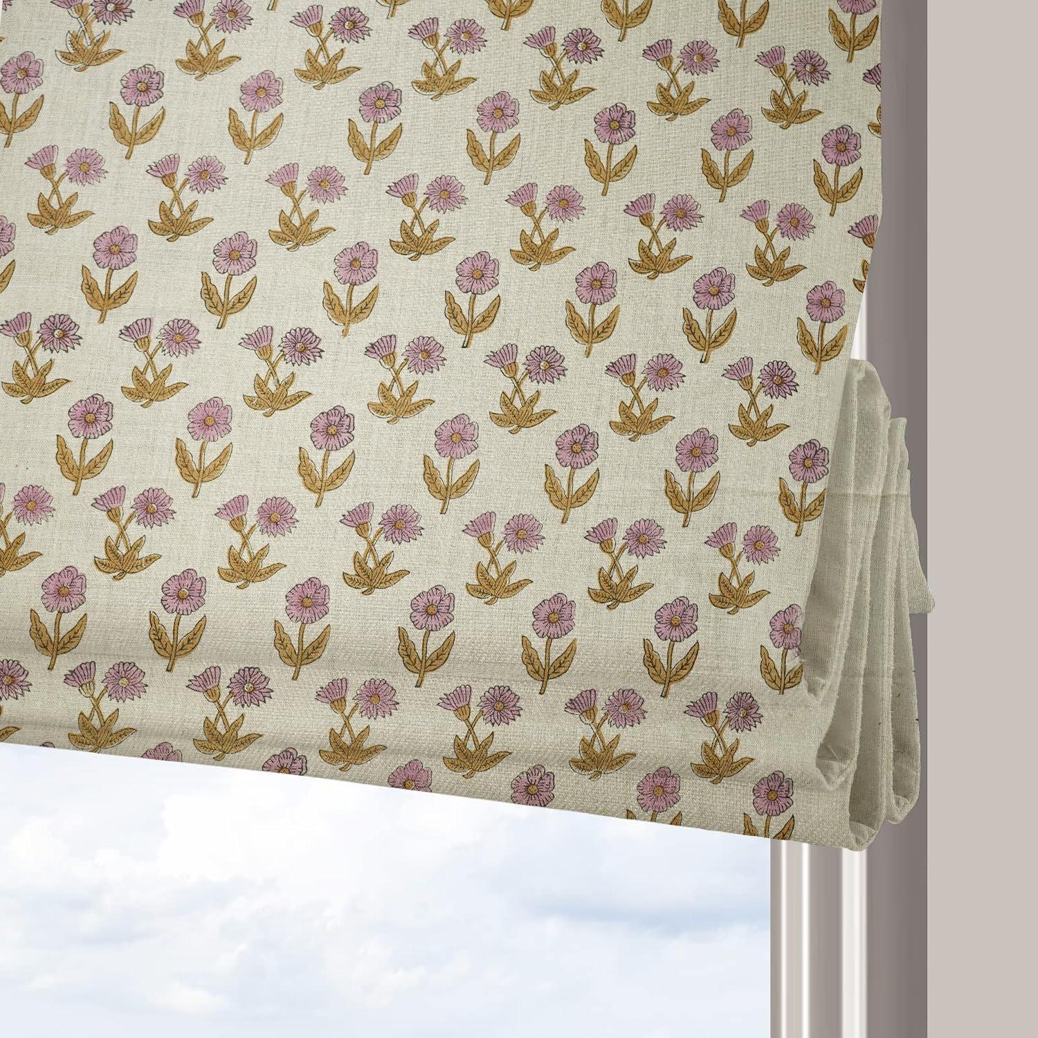 Hand Block Printed Roman Shade in Floral Light Pink & Mustard on Thick Linen for Elegant Home Decor - Kriti