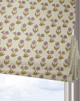 Hand Block Printed Roman Shade in Floral Light Pink & Mustard on Thick Linen for Elegant Home Decor - Kriti