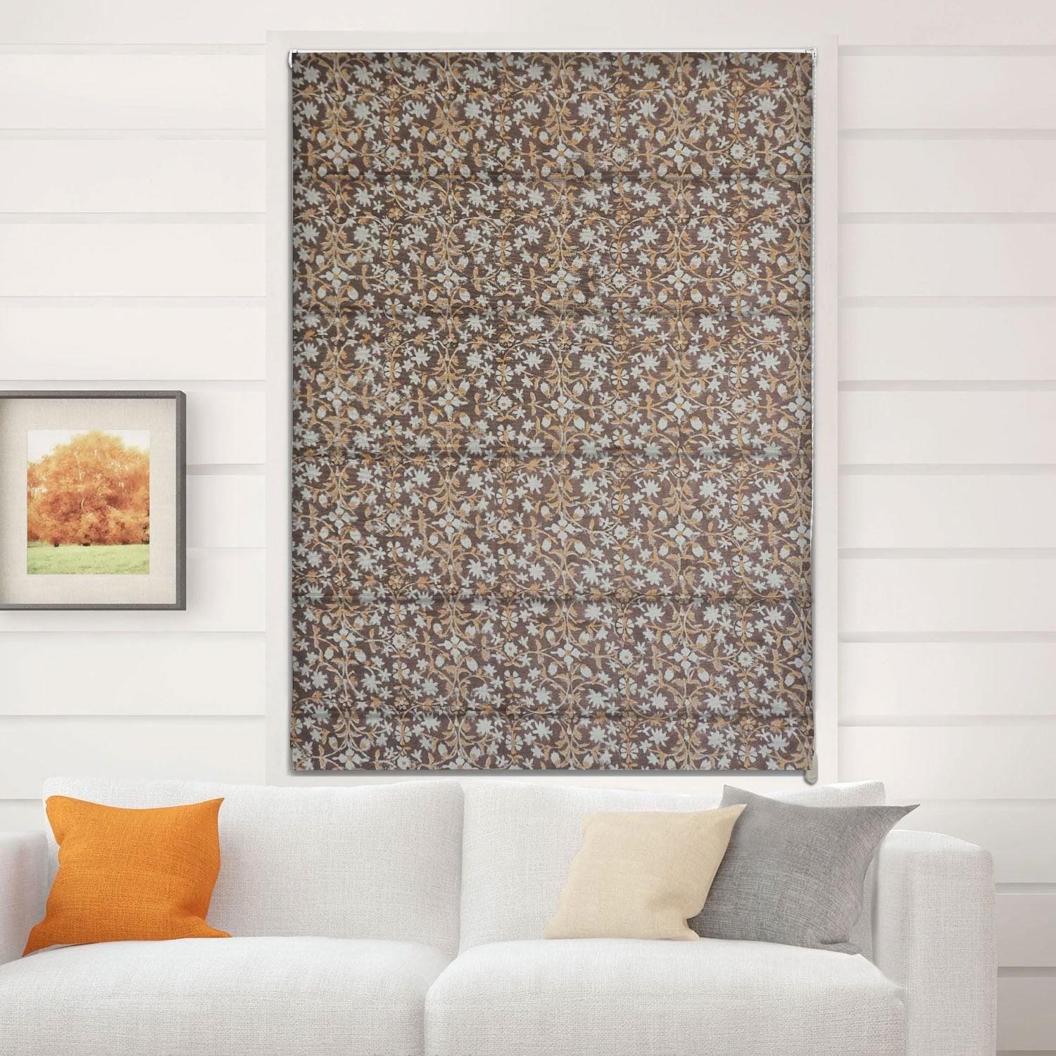 Hand Block Printed Boho Roman Shade Maroon & Mustard Floral Window Blind in Heavy Linen – Mahalaxmi