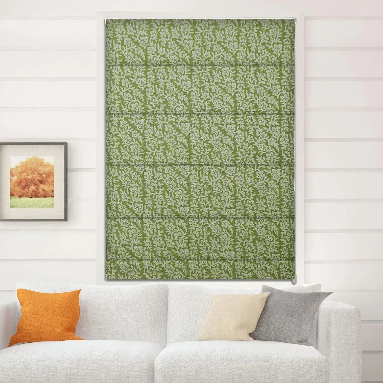 Block Printed Green Floral Roman Shade Boho Window Blind in Thick Linen for Cozy Natural Home Decor - Nidhivan