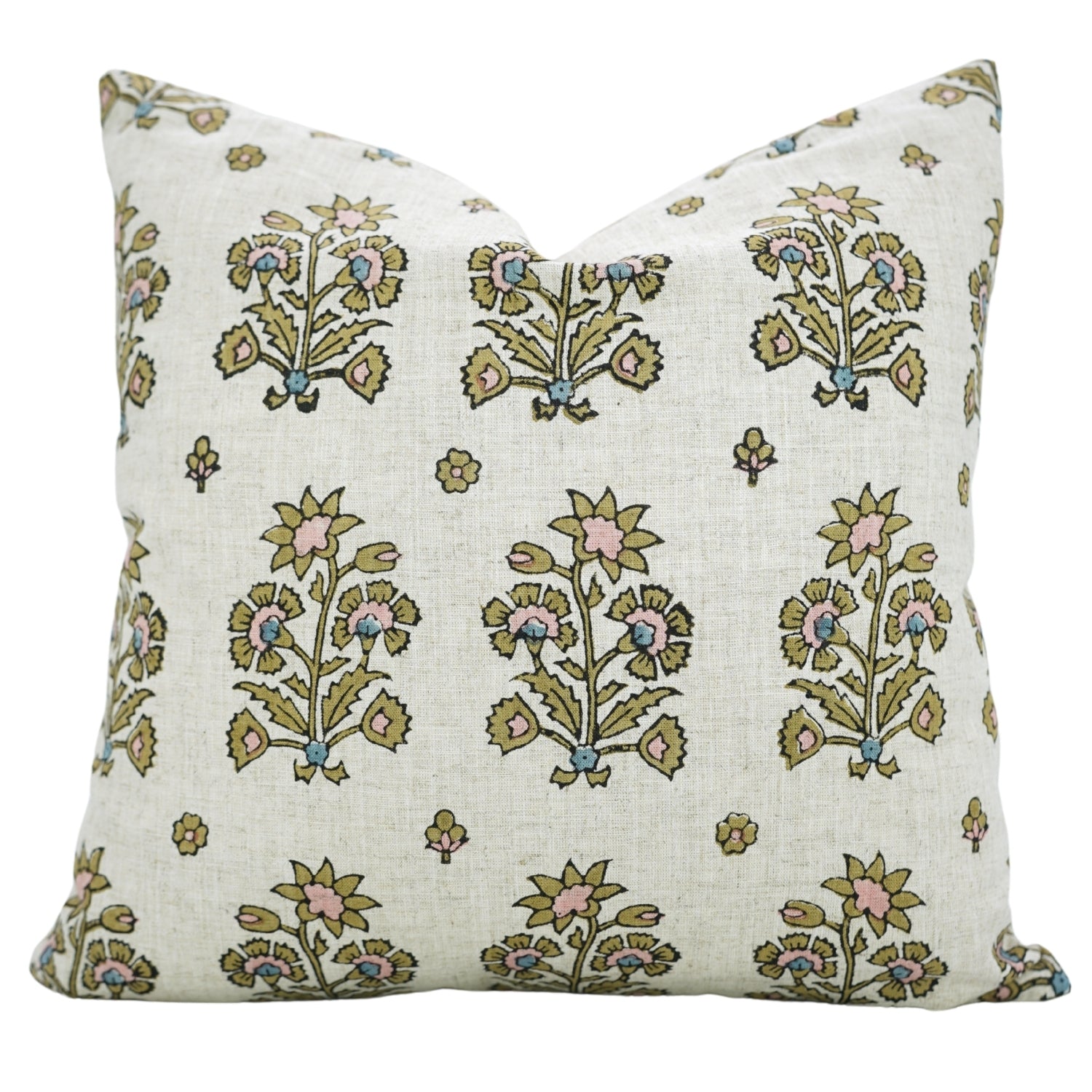 Handblock Green and Pink Floral Boho Pillow Case in Viscose Linen with Knife Edges – Sadabhar Design