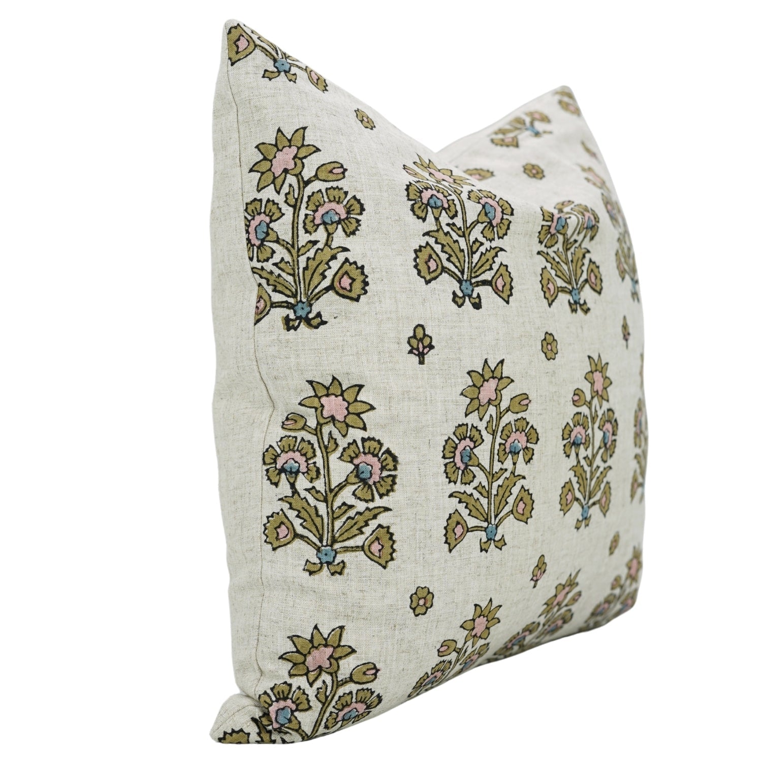 Handblock Green and Pink Floral Boho Pillow Case in Viscose Linen with Knife Edges – Sadabhar Design