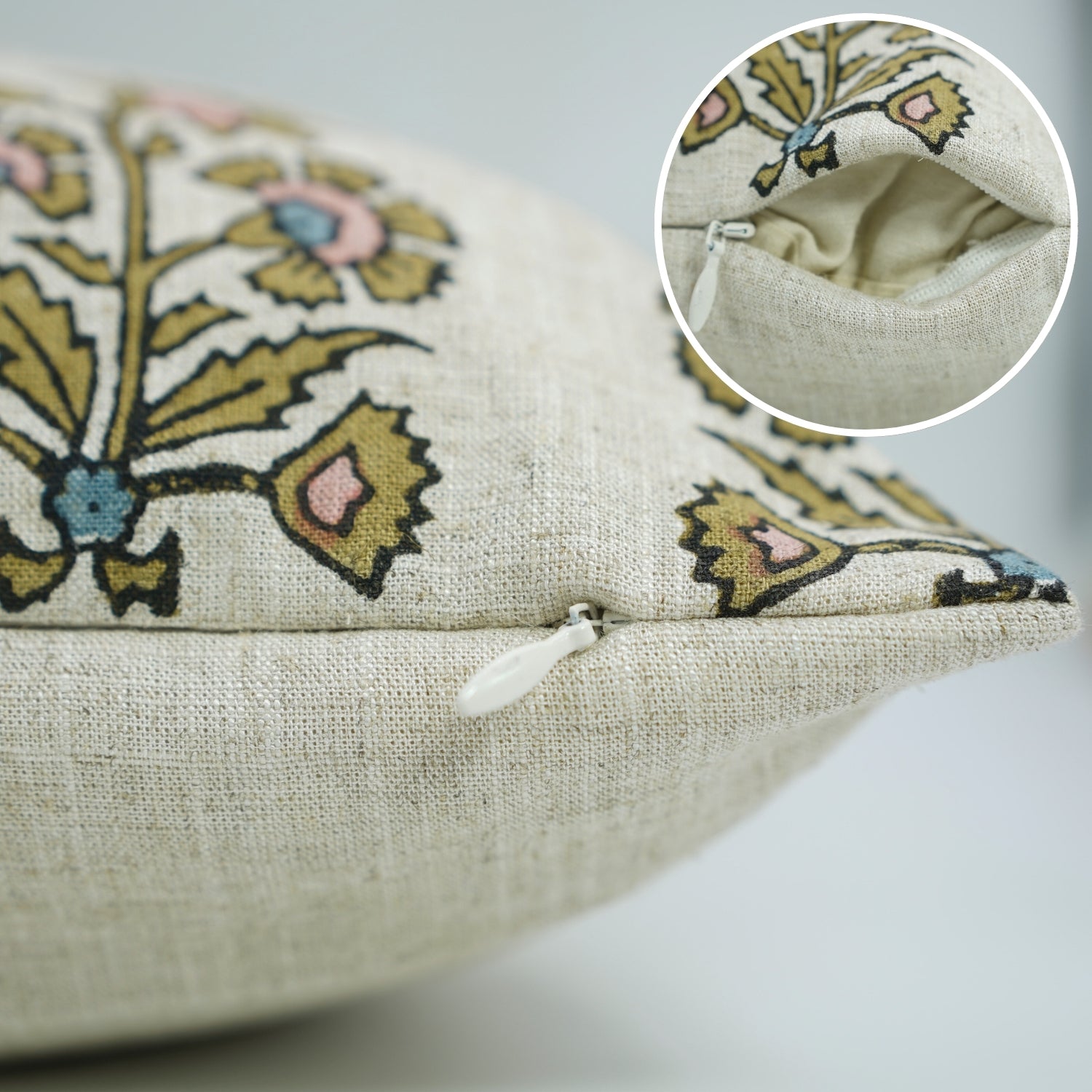 Handblock Green and Pink Floral Boho Pillow Case in Viscose Linen with Knife Edges – Sadabhar Design