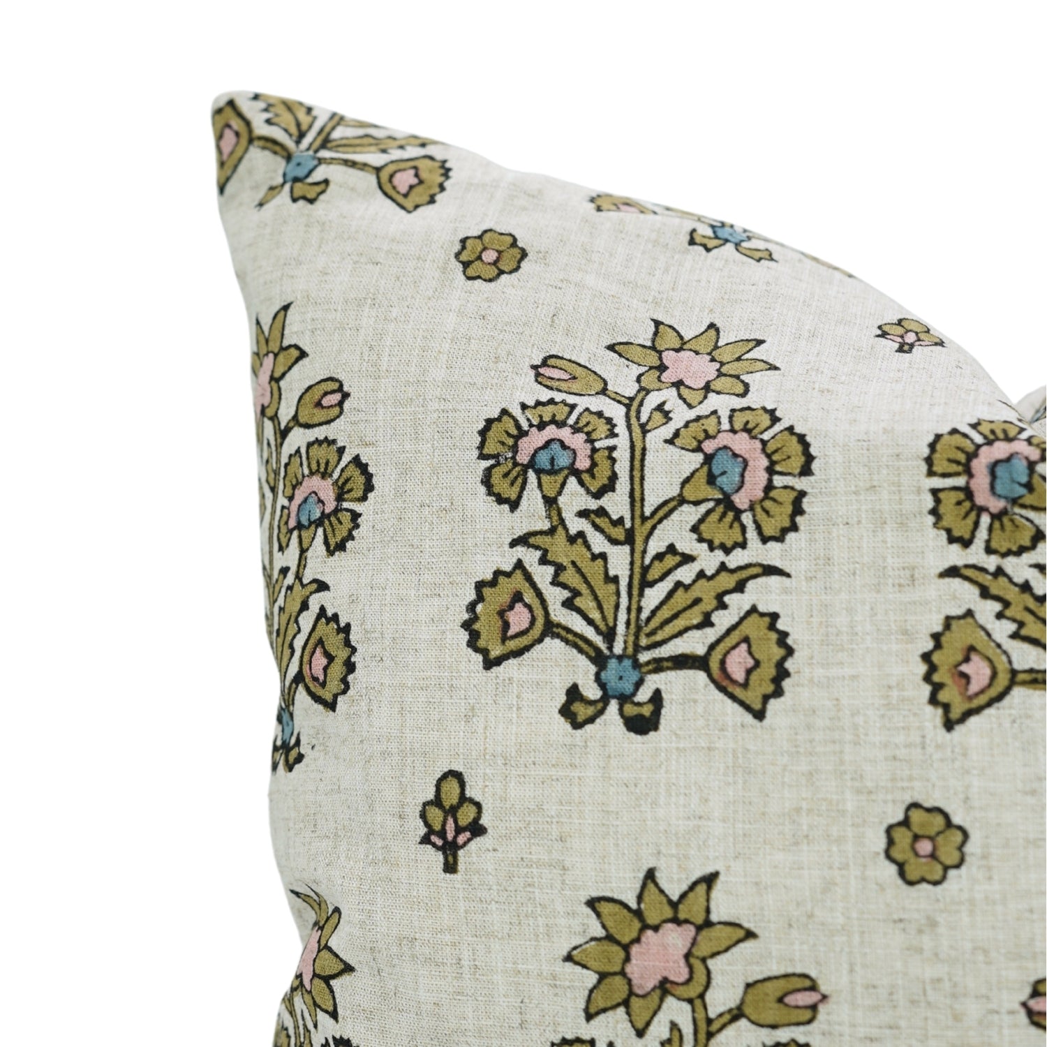 Handblock Green and Pink Floral Boho Pillow Case in Viscose Linen with Knife Edges – Sadabhar Design