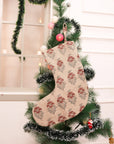 Block Printed Thick Linen Christmas Stockings Brown & Gray Floral for Farmhouse Decor with Pompom Mormukut Holiday Decor