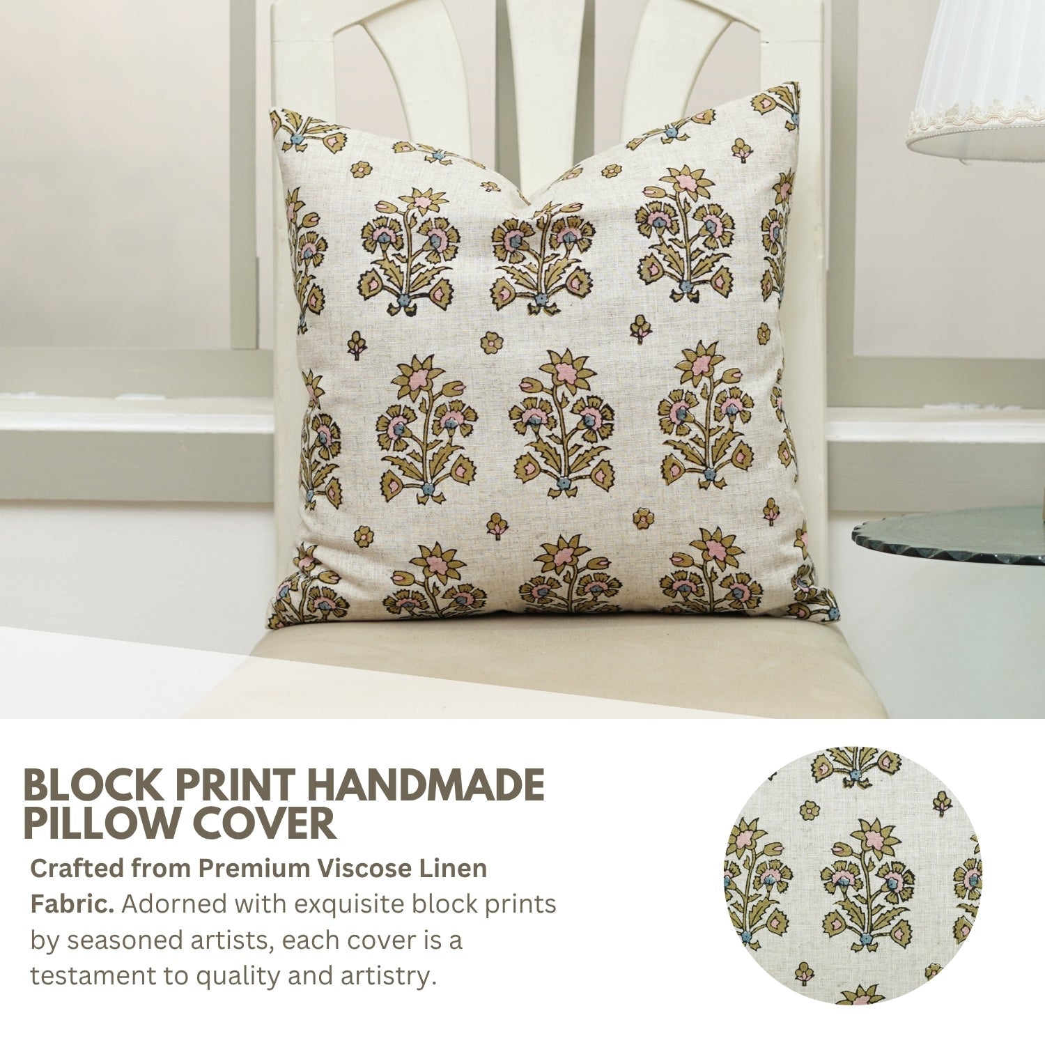 Handblock Green and Pink Floral Boho Pillow Case in Viscose Linen with Knife Edges – Sadabhar Design
