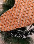 Handmade Orange & Black Mini Floral Block Printed Tarangini Christmas Stockings on Thick Linen with Pompom Elegant Festive Holiday Decor
