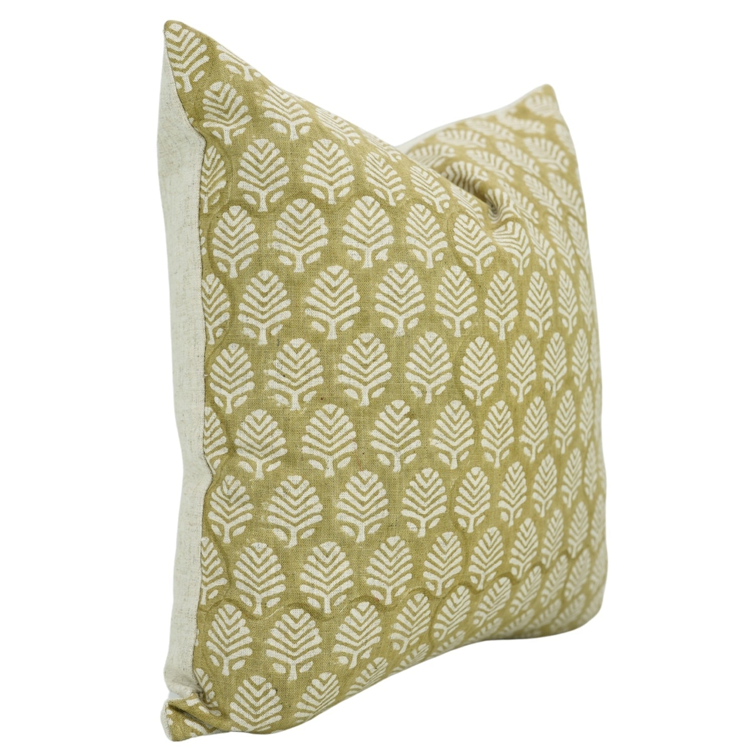 Handstamped Block Printed Boho Light Green Floral Cushion Cover in Viscose Linen – Sangmarmar