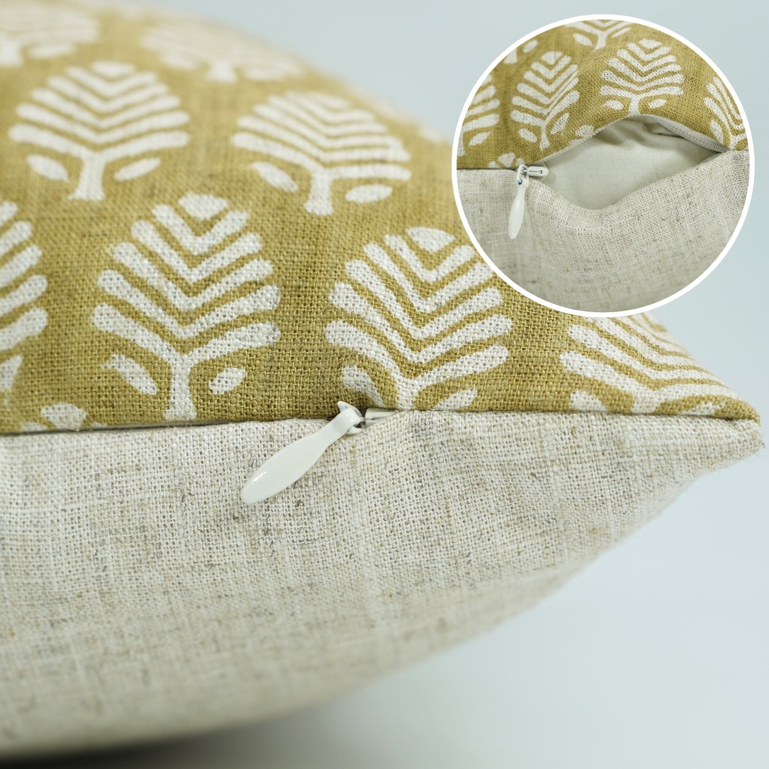 Handstamped Block Printed Boho Light Green Floral Cushion Cover in Viscose Linen – Sangmarmar